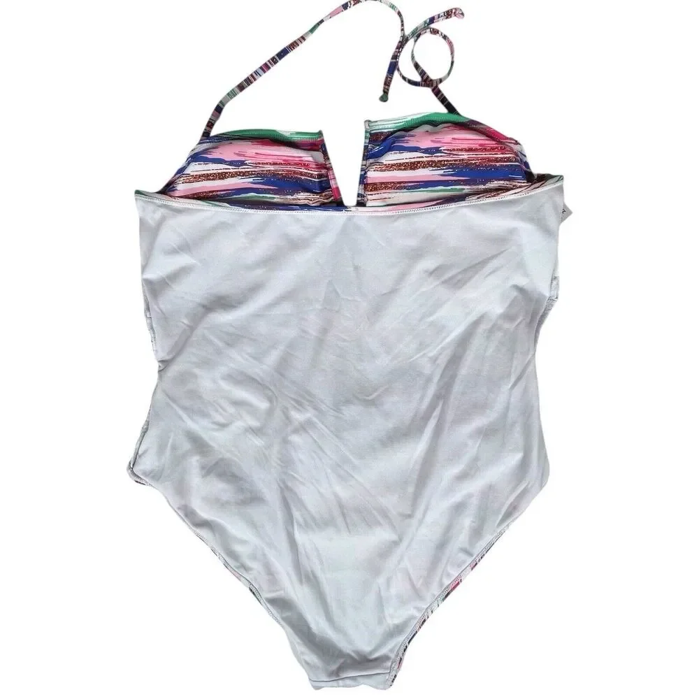 Catherine Malandrino Ruched One-Piece Swimsuit Plus Size 2X V-Neck Halter EUC